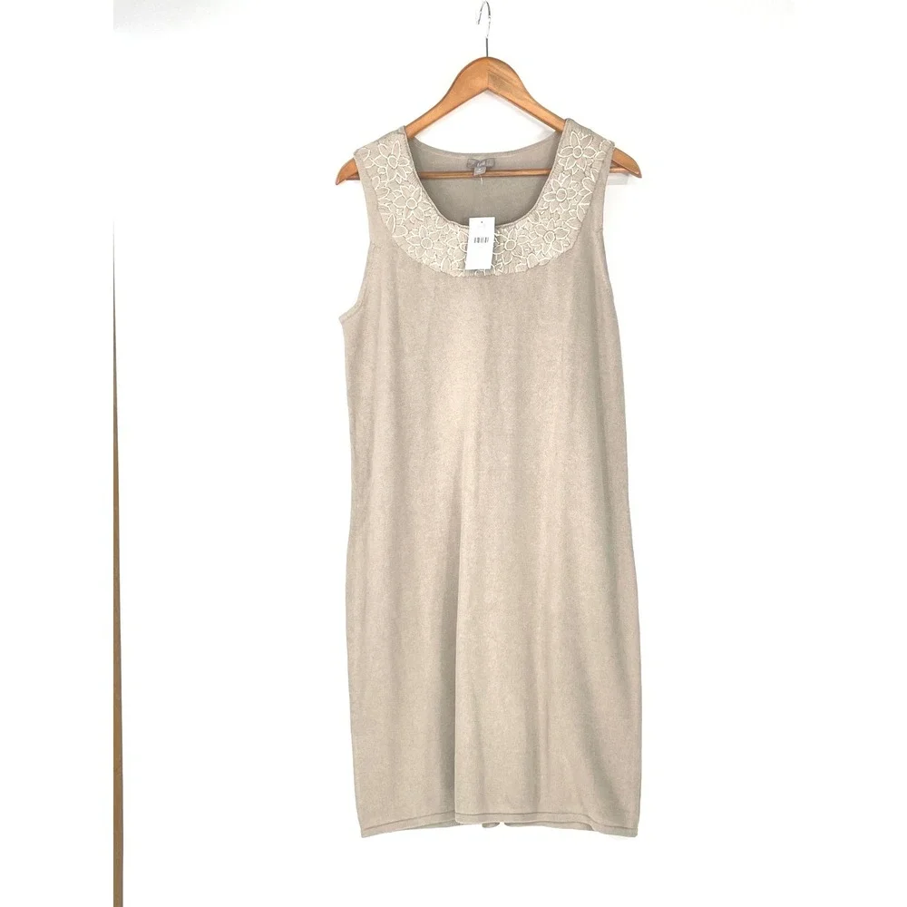 NWT J. Jill Women Dress M Sweater‎ Sand Beige Floral Embroidered Scoop Neck $129